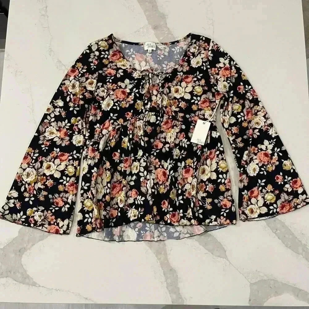 Ava James NWT Black Floral Peplum Blouse Womens Medium TieFront Bell Sleeve Boho